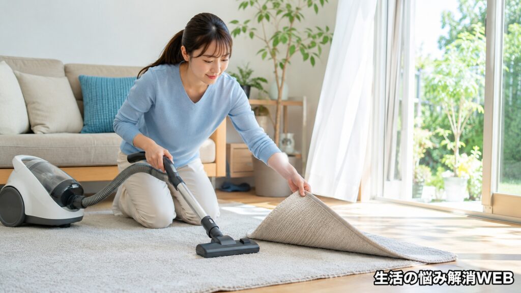 明るいリビングでラグをめくりながら掃除機をかけ、カーペットの臭い対策をする若い女性