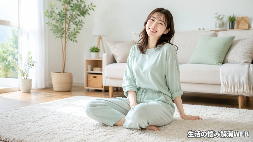 清潔なリビングのカーペットに座り、臭い対策後の快適な空間で笑顔を見せる若い女性