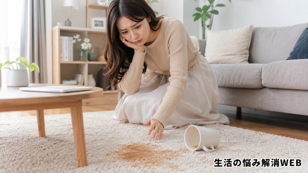 カーペットに飲み物をこぼしてできたシミを見つめ、困った表情をする女性のイメージ。カーペットのシミ汚れの原因や悩みを表す場面。