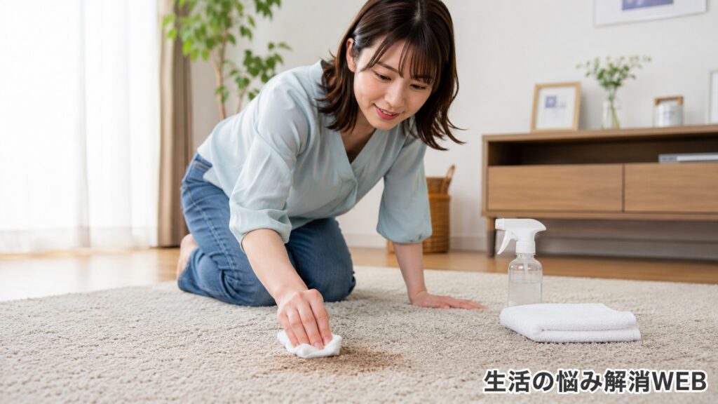 カーペットのシミを布でやさしく拭き取りながら掃除する女性のイメージ。カーペットのシミ抜き方法や対策手順を表す場面。