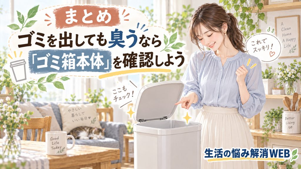 ゴミを出しても臭うならゴミ箱本体を確認しようというまとめ内容を、明るい室内で女性と清潔なゴミ箱とともに表現した画像。