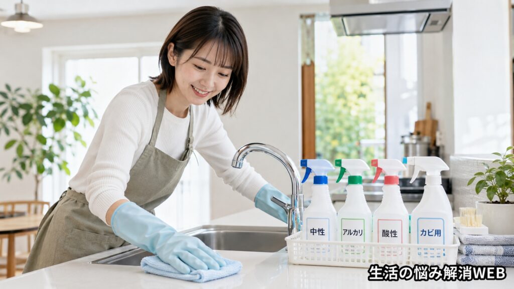 中性・アルカリ性・酸性・カビ用の洗剤を使い分けながらキッチンを掃除している女性