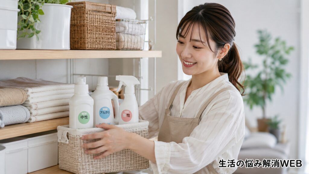 掃除用洗剤を種類別に整理して収納し、使い分けしやすくしている女性