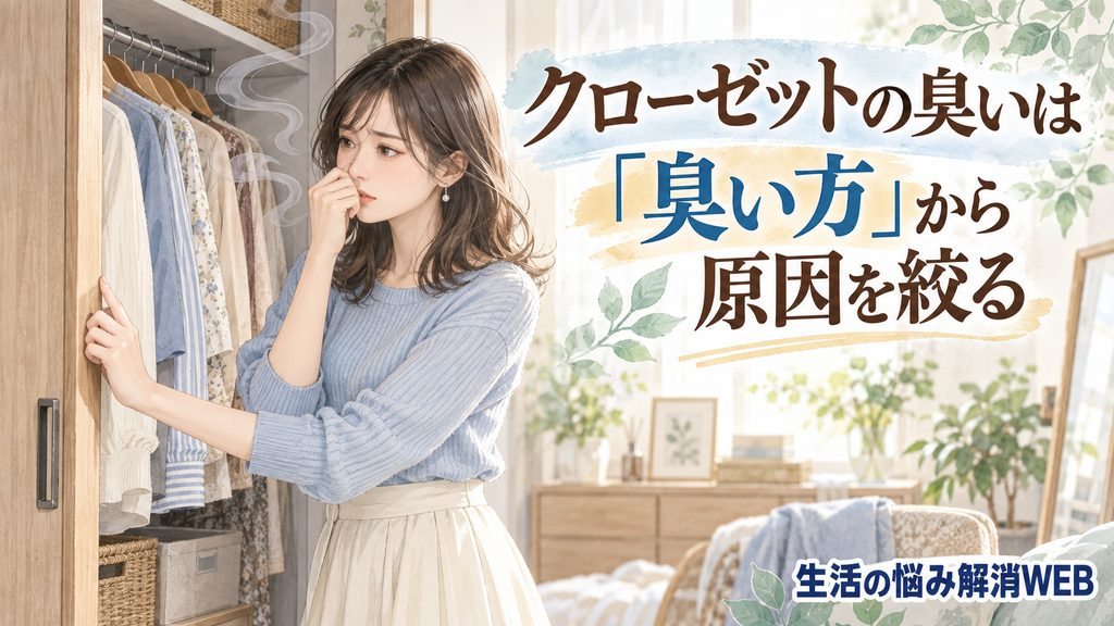 クローゼットを開けて臭いを確認する女性のイラスト