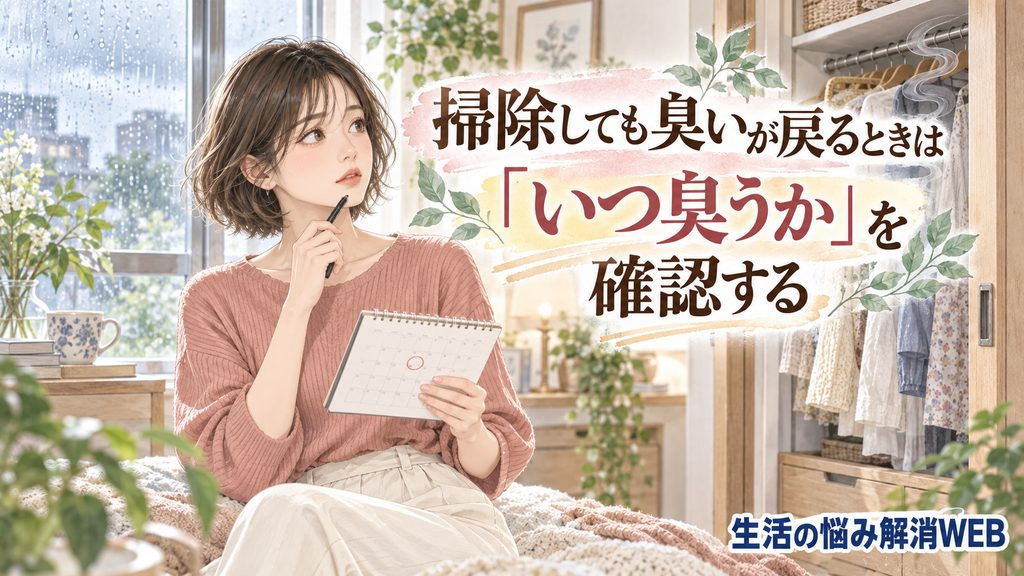 雨の日の室内でカレンダーを見ながら、クローゼットの臭いがいつ戻るかを確認する女性のイラスト