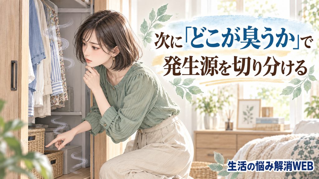 クローゼットの中をのぞき込み、どこが臭うかを確認する女性のイラスト