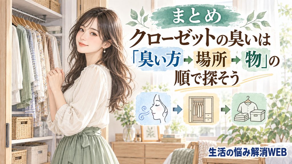 クローゼットの前で微笑む女性と、臭い方・場所・物の順で原因を探す流れを示したまとめ画像