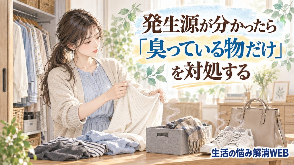 テーブルの上に衣類や靴、バッグを並べ、臭っている物だけを確認する女性のイラスト