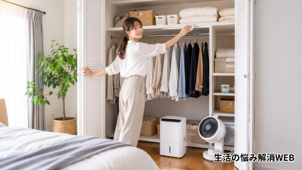明るい部屋でクローゼットを開け、除湿機とサーキュレーターを使いながらカビ対策をする女性