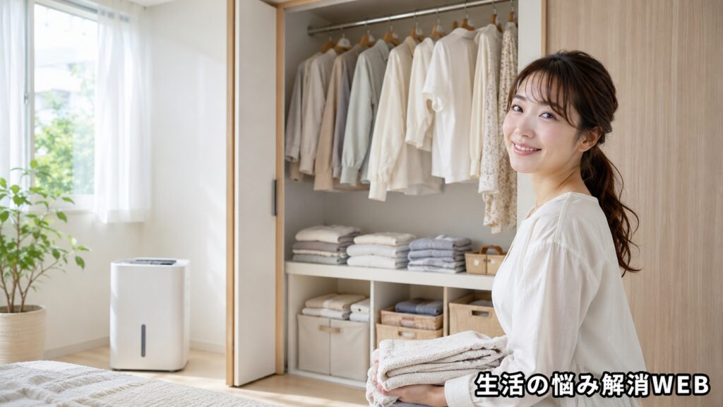 除湿された明るい部屋で、整理された清潔なクローゼットを前に笑顔で服を整える女性