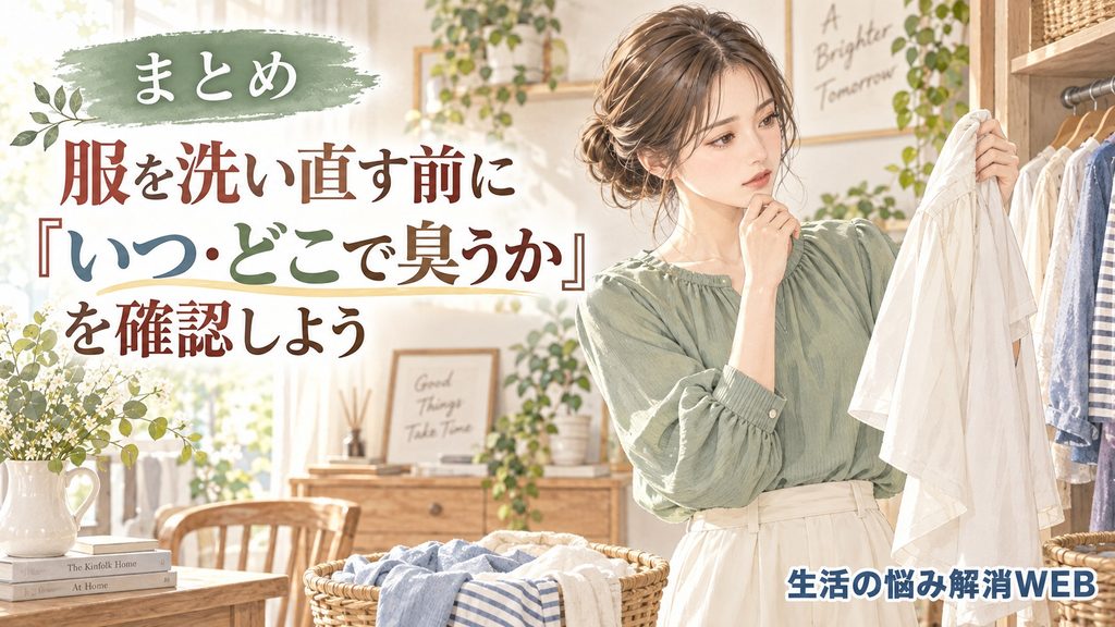 服を洗い直す前に臭うタイミングと場所を確認する女性のイラスト