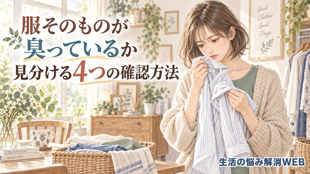 服そのものが臭っているか襟元や衣類を確認する女性のイラスト