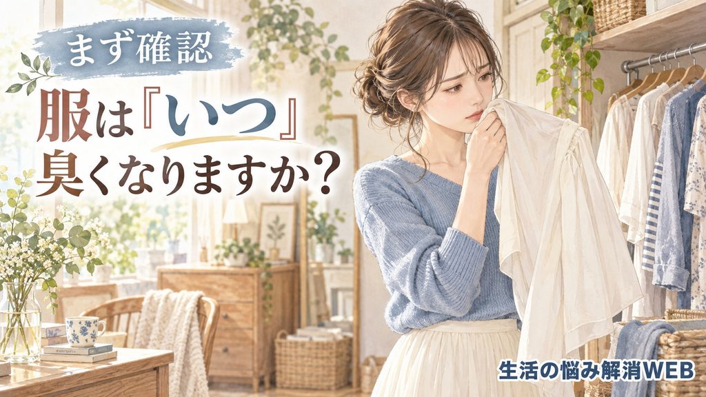 収納した服の臭いがいつ発生したかを確認する女性のイラスト