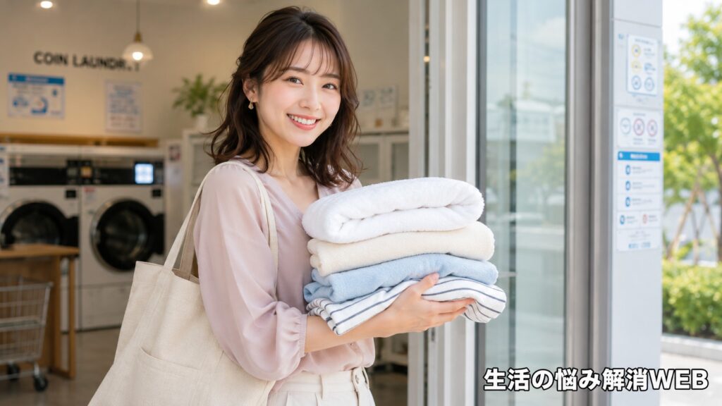 コインランドリーで清潔に乾いた洗濯物を持って笑顔を見せる女性