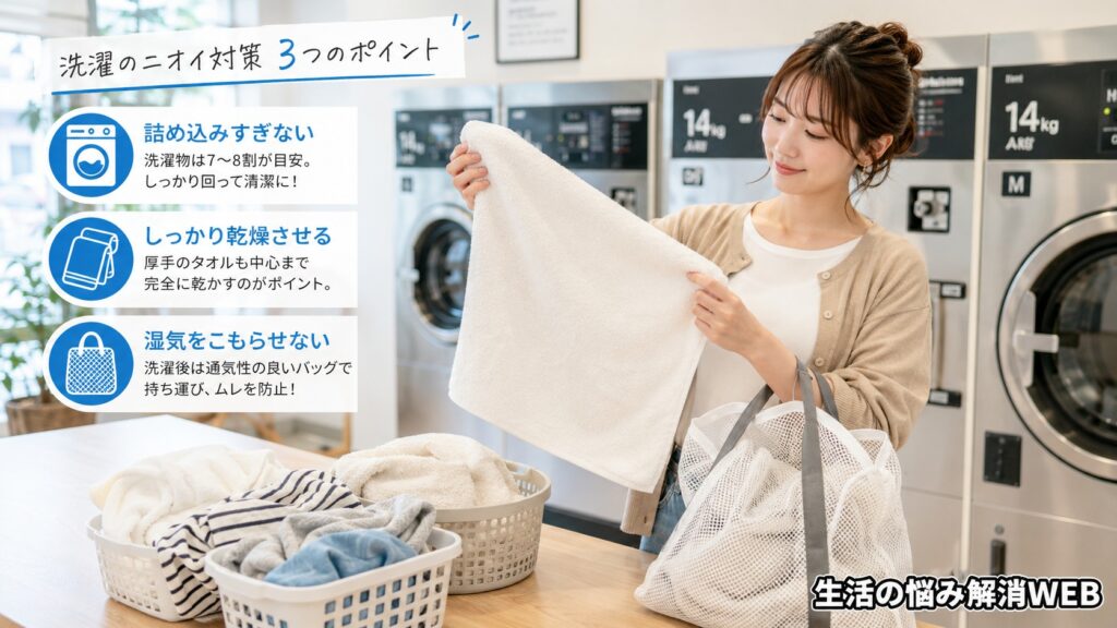 コインランドリーで洗濯物を詰め込みすぎず、しっかり乾燥させるポイントを確認する女性