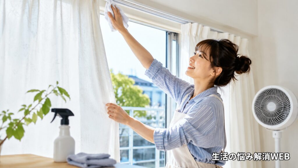 明るい部屋でカーテンレールや窓まわりを拭き掃除し、カビ対策をしている若い女性