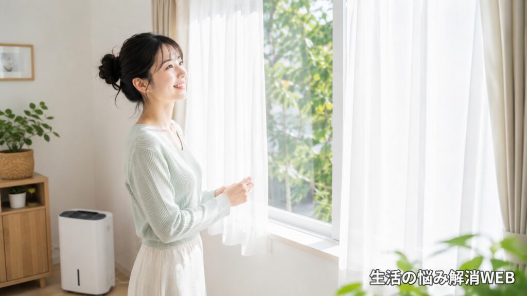 清潔な白いカーテンと明るい窓辺の前で、快適な室内環境に安心した表情を見せる若い女性