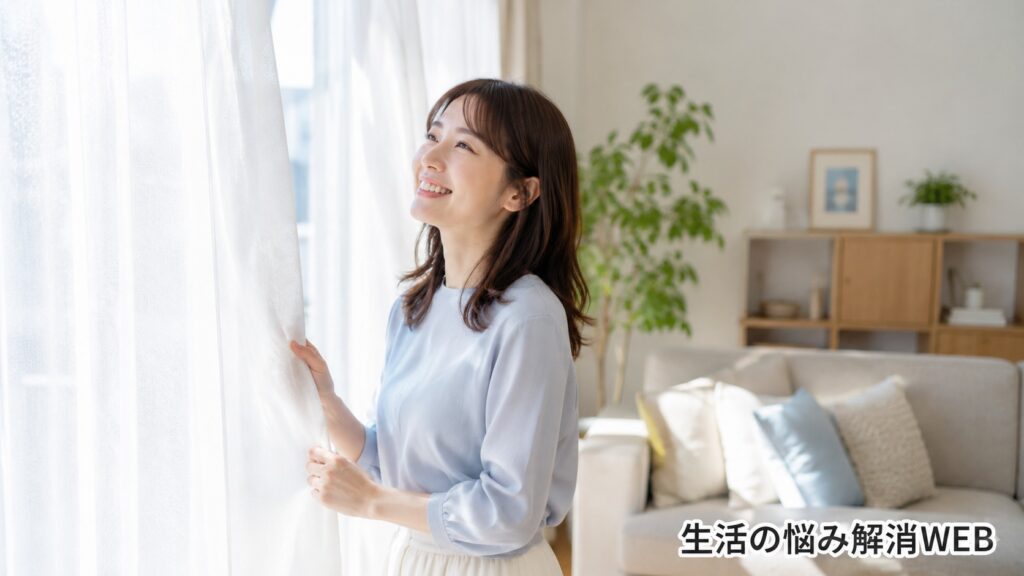 明るい日差しが入る部屋で、清潔になった白いカーテンに触れながら笑顔を見せる女性の様子