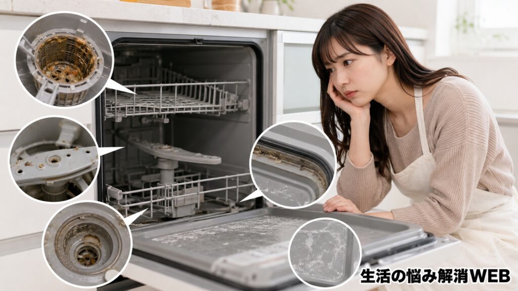 フィルターやノズル、パッキンに汚れが残った食洗機を見て、原因を考えている若い女性の様子