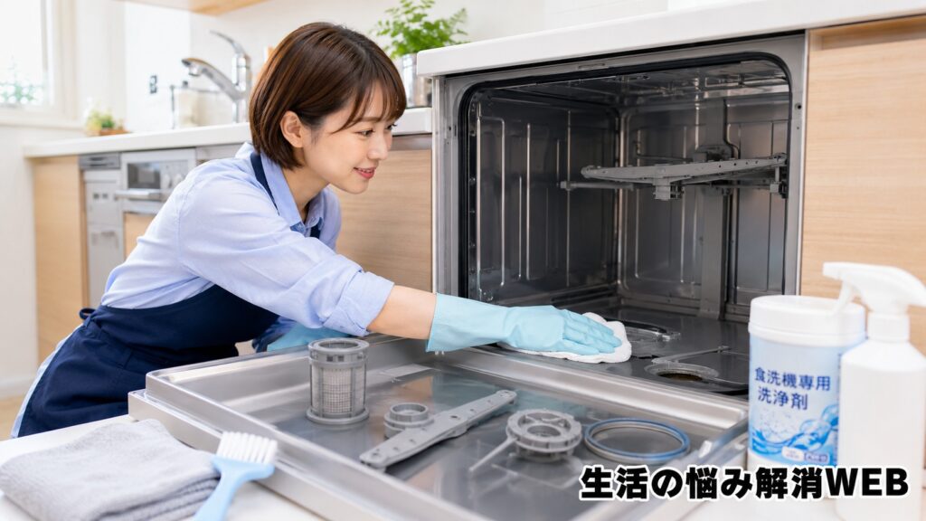 手袋を着けた若い女性が、開いた食洗機の庫内や外した部品を丁寧に掃除している様子