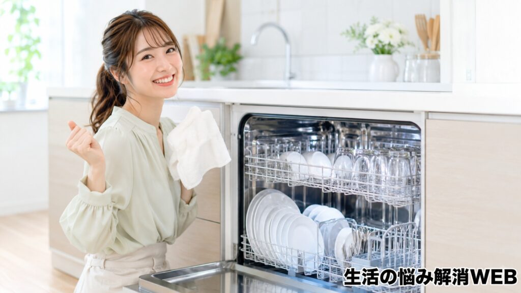 掃除後のきれいな食洗機と食器を前に、タオルを持って満足そうに微笑む若い女性の様子