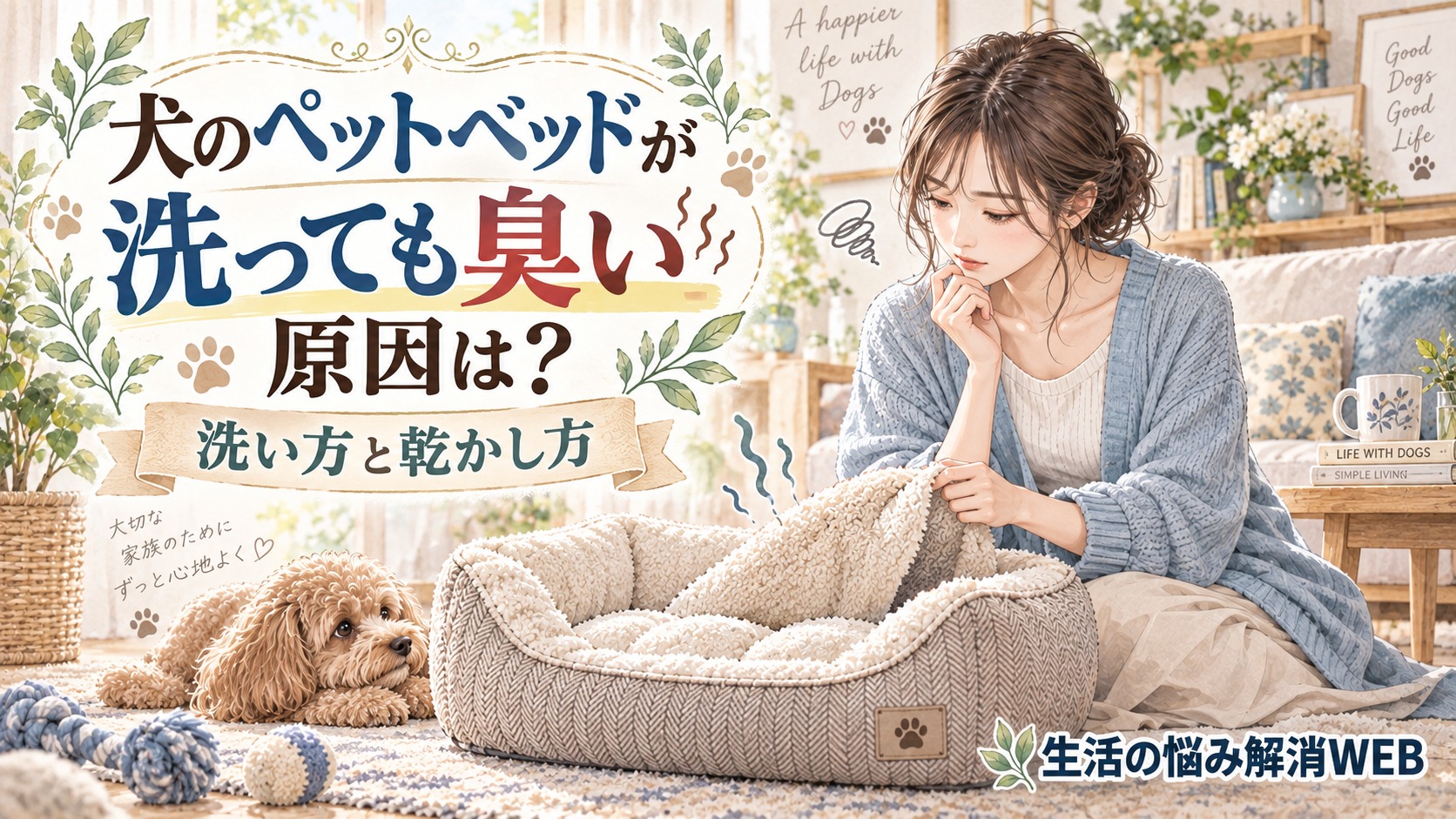 犬のペットベッドを手に取り、洗っても残る臭いの原因を確認する女性と愛犬のイラスト