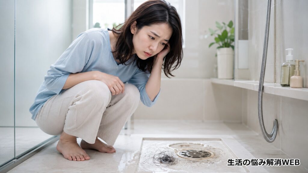 浴室の排水口に溜まった髪の毛やヌメリを見て困っている女性