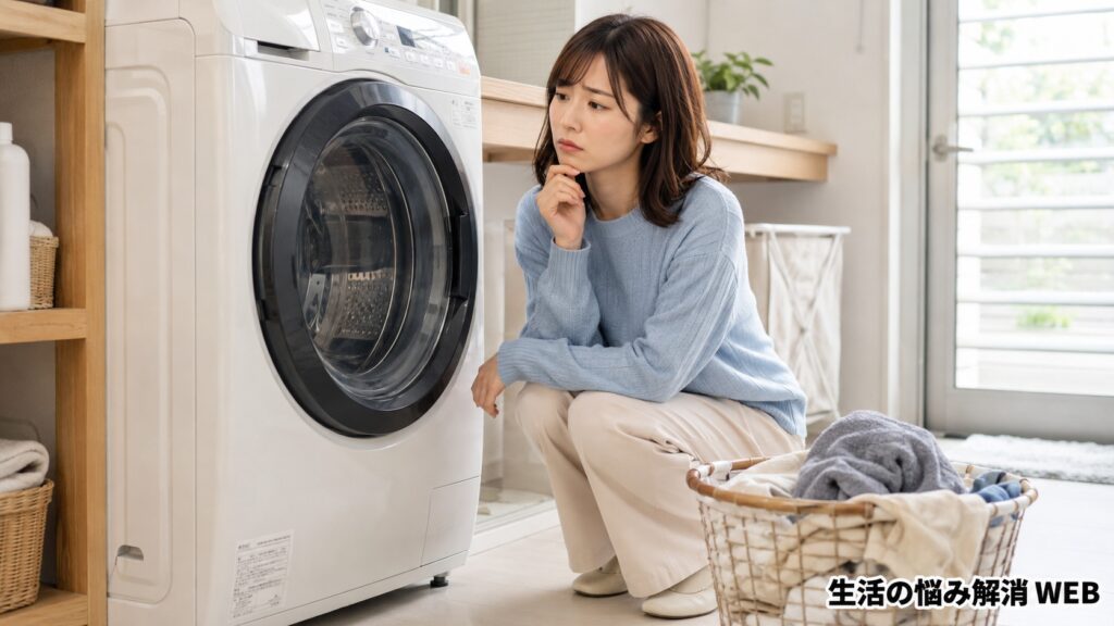 ドラム式洗濯機の前で、乾燥が弱くて困りながら原因を考えている女性の様子