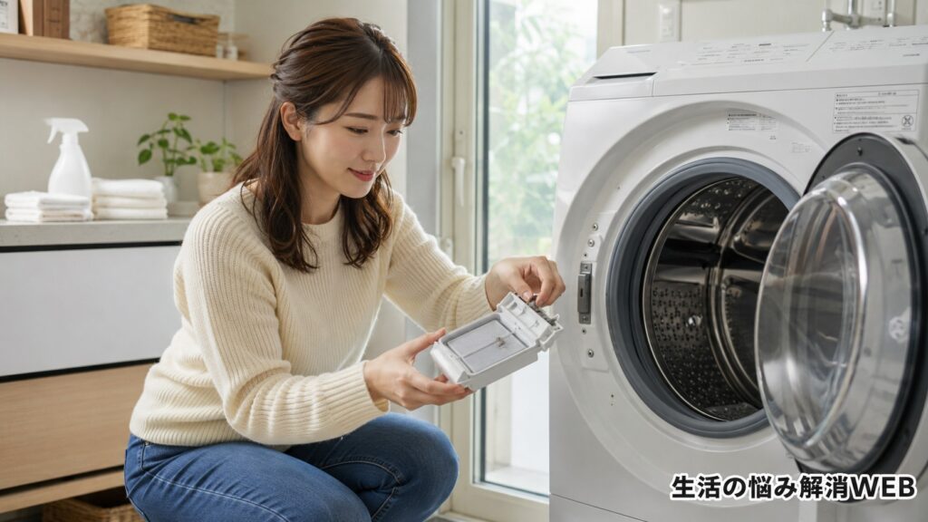 女性がドラム式洗濯機の糸くずフィルターを取り外して、乾燥不良の原因を確認している様子
