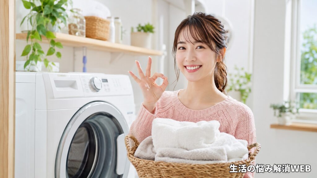 ドラム式洗濯機の乾燥不良が改善し、洗濯物を持って笑顔でOKサインをする女性の様子