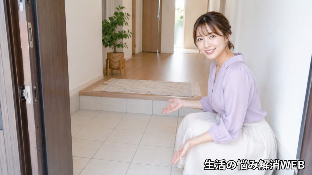 きれいになった玄関タイルを笑顔で案内する女性のイメージ。掃除後の清潔な玄関と仕上がりを表す場面。