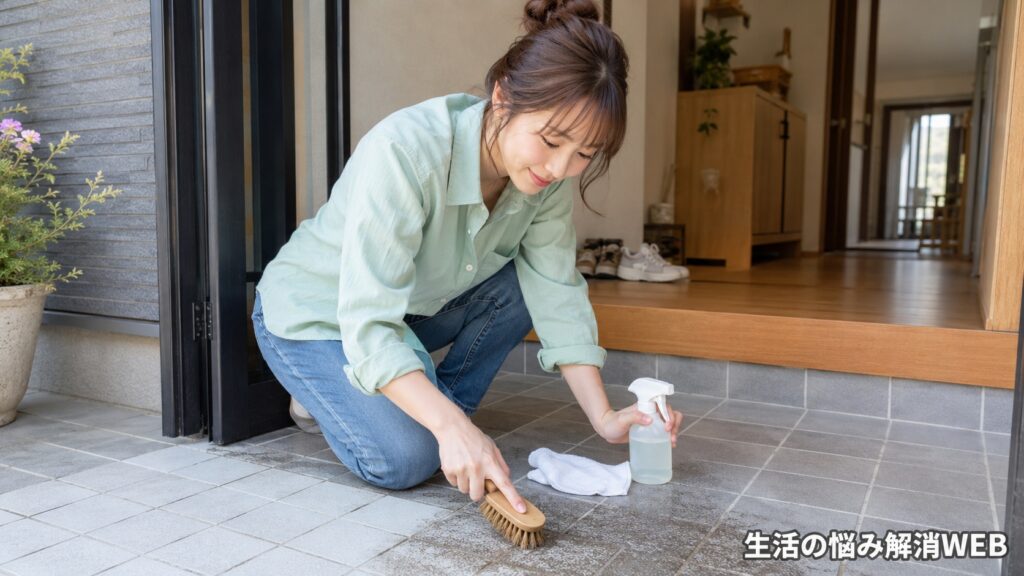 玄関タイルをブラシとスプレーで掃除する女性のイメージ。黒ずみや泥汚れを落とす具体的な掃除方法を表す場面。
