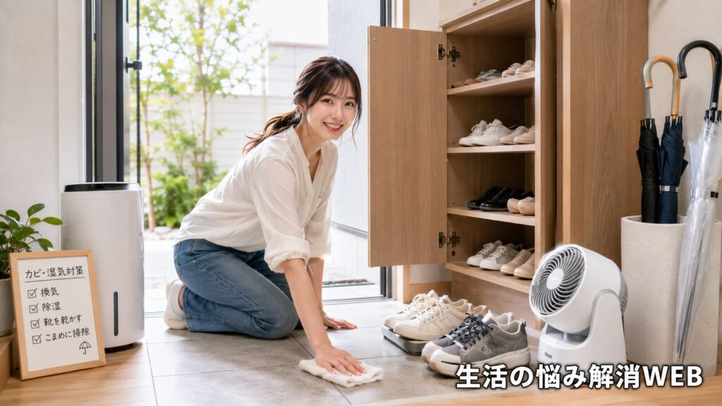 明るい玄関で靴箱を開け、除湿機とサーキュレーターを使いながら床や靴を乾かす女性