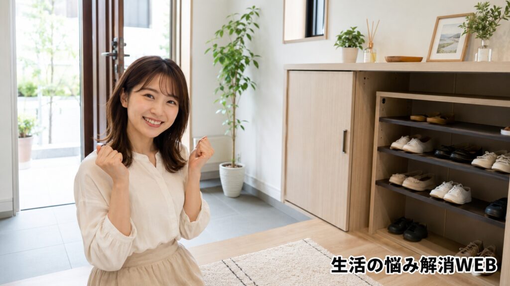 靴箱が整理された清潔な玄関で、湿気とカビ対策ができたことに笑顔で喜ぶ女性