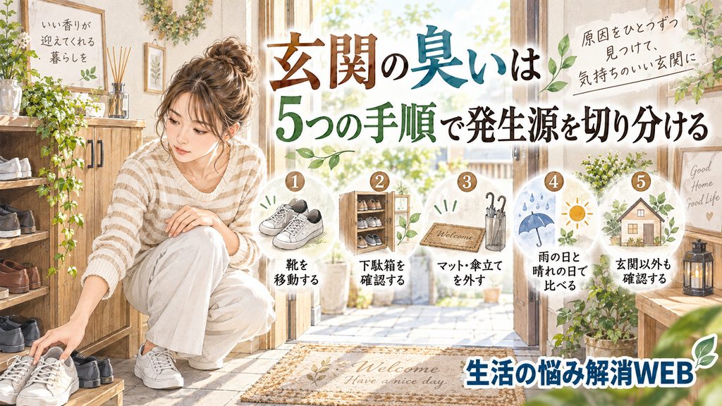 玄関で靴や下駄箱を確認する女性と、臭いの原因を切り分ける5つの手順を紹介した暮らし系イラスト。