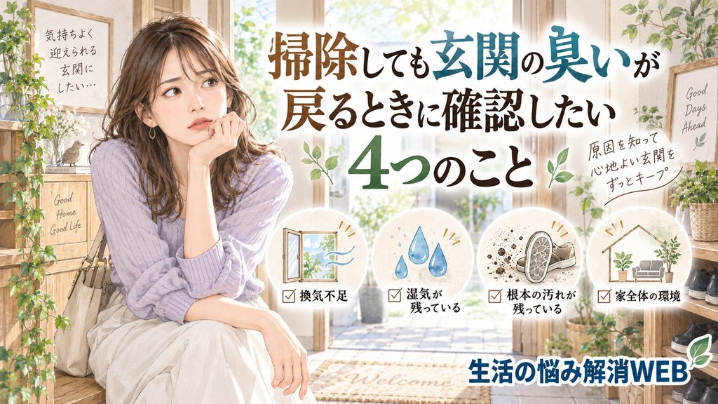 掃除しても玄関の臭いが戻るときに確認したい4つのことを、悩む女性とチェック項目でまとめた暮らし系イラスト。