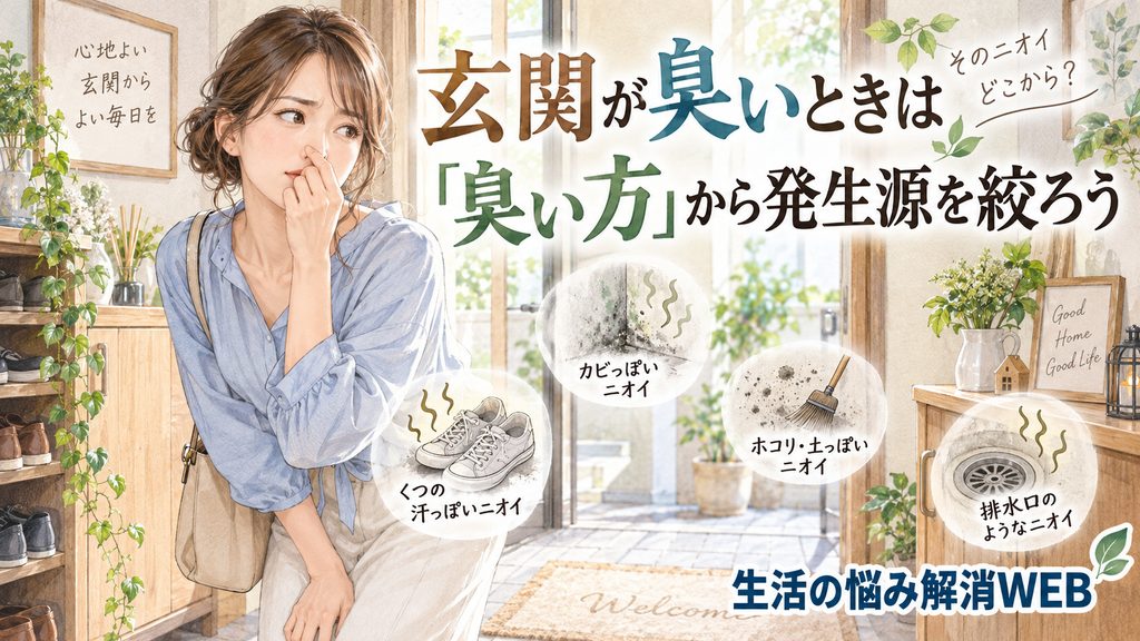玄関で臭いの原因を考える女性と、靴・カビ・ホコリ・排水口の臭いの種類を示した、やわらかな暮らし系イラスト。