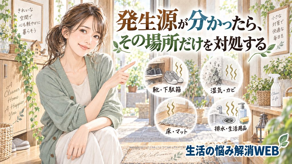 発生源が分かったらその場所だけを対処するという内容を、靴・湿気・床・排水のイラストと女性で表現した記事用画像。
