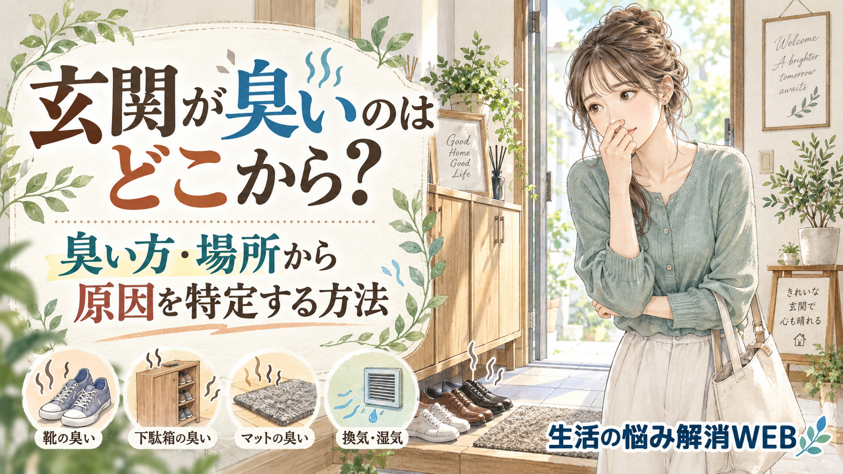 玄関の臭いの原因を考える女性と、靴・下駄箱・マット・湿気など発生源の例を示した暮らし系イラスト