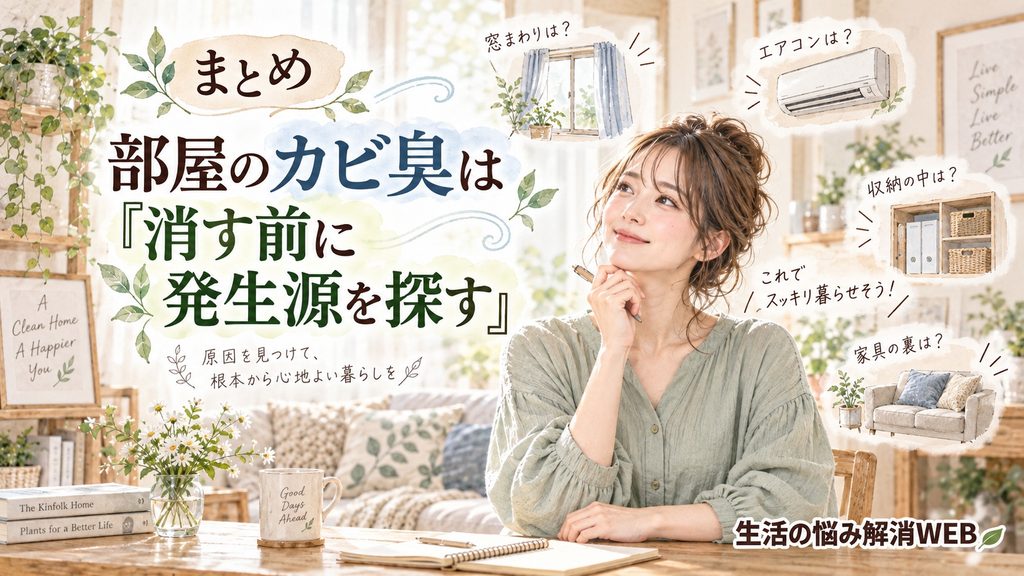 部屋のカビ臭を消す前に、窓・エアコン・収納・家具などの発生源を探すポイントをまとめたイラスト