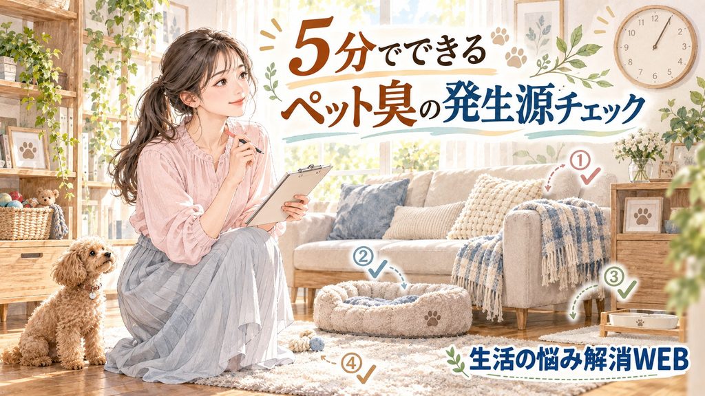 ペットベッドやソファなどを確認しながら5分で臭いの発生源をチェックする女性のイラスト