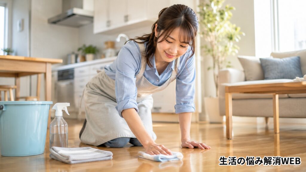 明るい室内で女性がフローリングを布で拭き掃除している様子。黒ずみ対策や床掃除のイメージ。