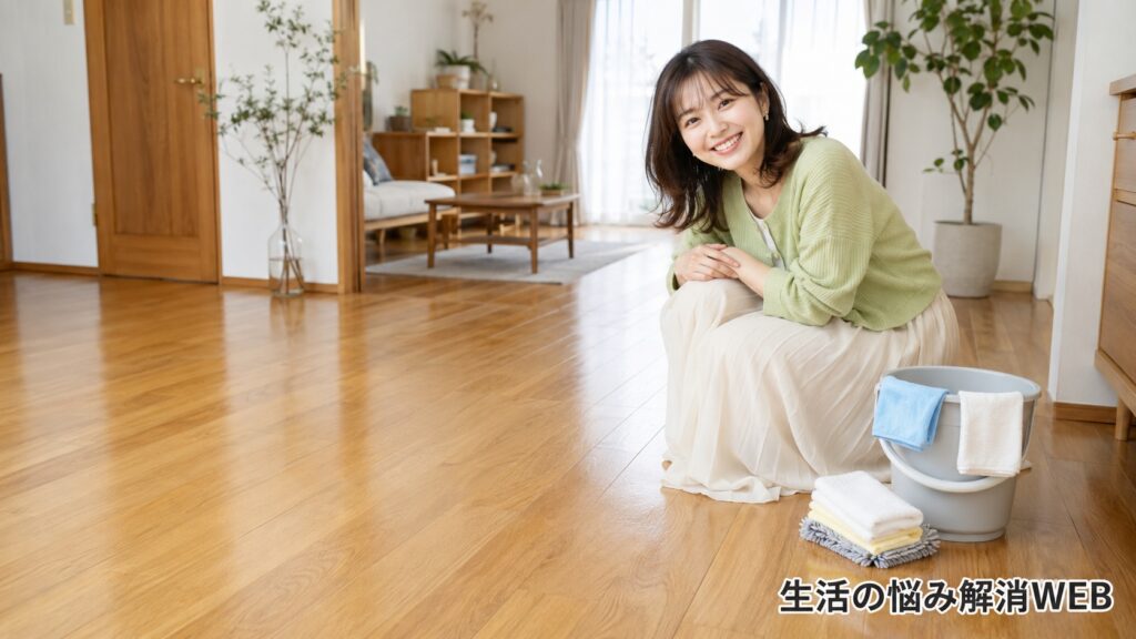 掃除後のきれいなフローリングのそばで女性が笑顔を見せている様子。床の黒ずみ掃除後の仕上がりイメージ。
