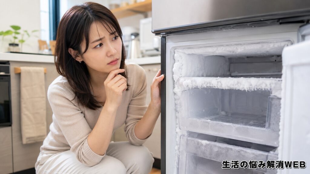 霜がびっしり付いた冷凍庫の中を見ながら、原因を確認している女性