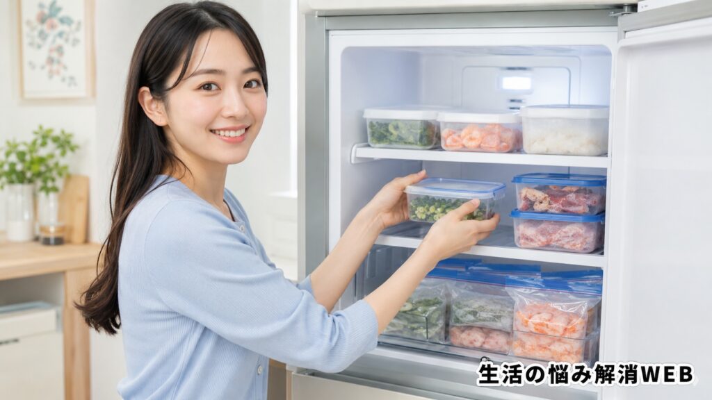 整理整頓した冷凍庫に食品を収納し、霜の再発防止を意識している女性