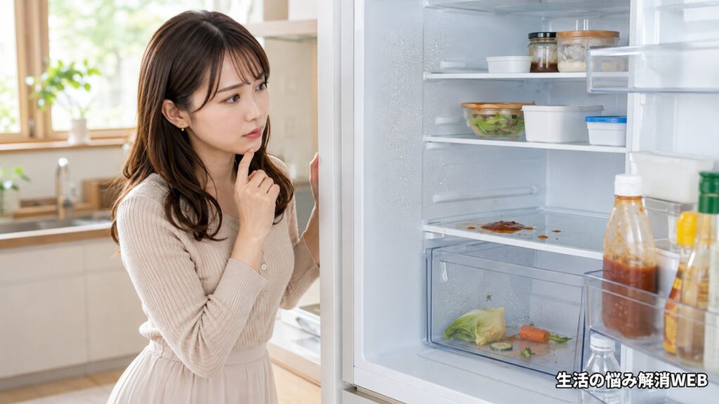 冷蔵庫内の汚れや汁漏れを見つけて考え込む女性