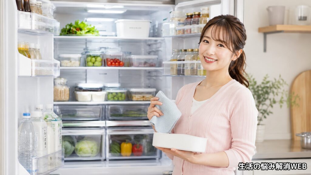 整理整頓された清潔な冷蔵庫の前で笑顔の女性