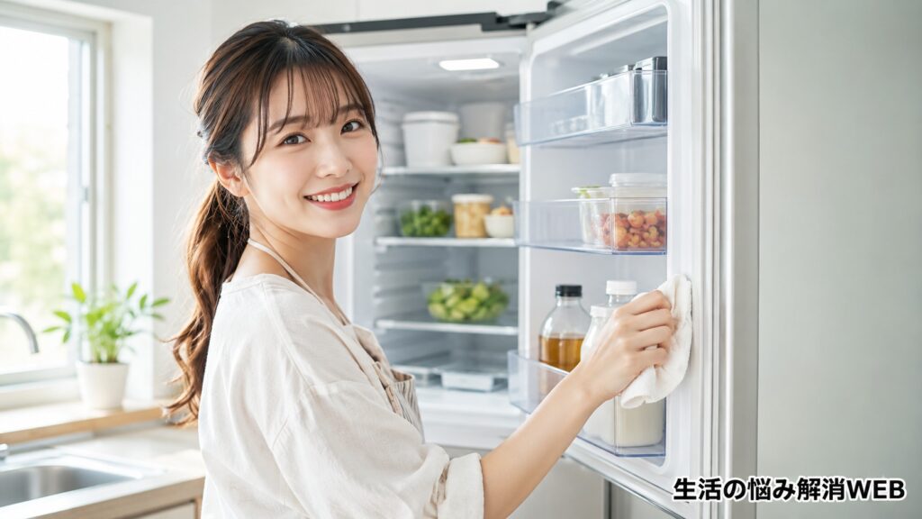 冷蔵庫のゴムパッキンに付いた黒カビを見つけて、不安そうに確認する女性