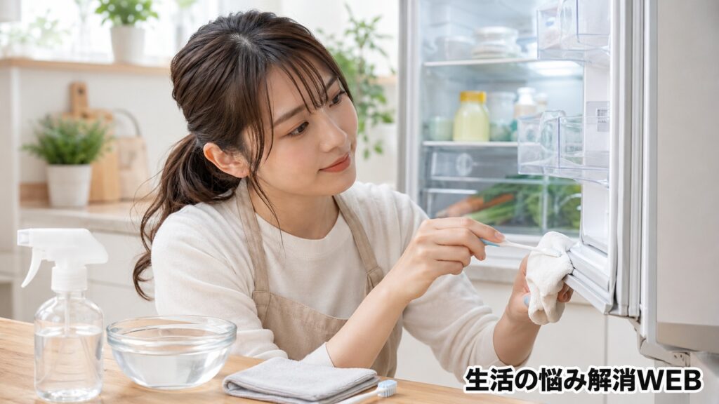 冷蔵庫パッキンの溝を布と細い掃除道具で丁寧に掃除する女性