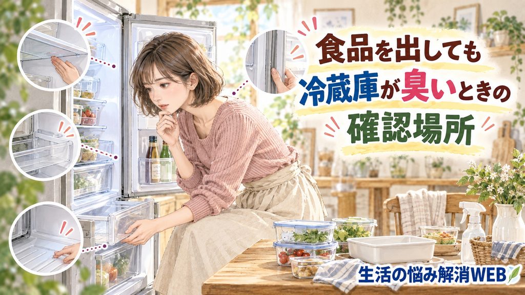食品を取り出した冷蔵庫の棚・ケース・パッキンなど臭いが残る場所を確認している女性のイラスト